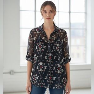 Miss C London Geometric Tribal Print Sheer Button Down Shirt Size: S